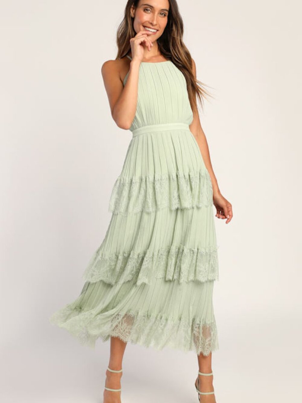 Lulus Came For Cocktails Sage Green Pleated Tiered Lace Maxi Dress - Size L